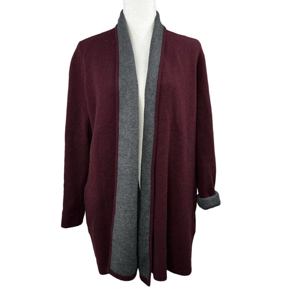 Ann Taylor Loft Maroon Gray Wool Blend Open Cardigan XS Sweater Jacket
